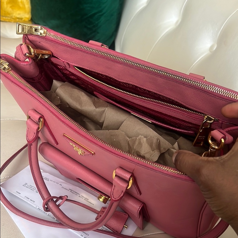 Prada Pink Saffiano Leather Satchel with Gold Accents - Picture 6 of 9